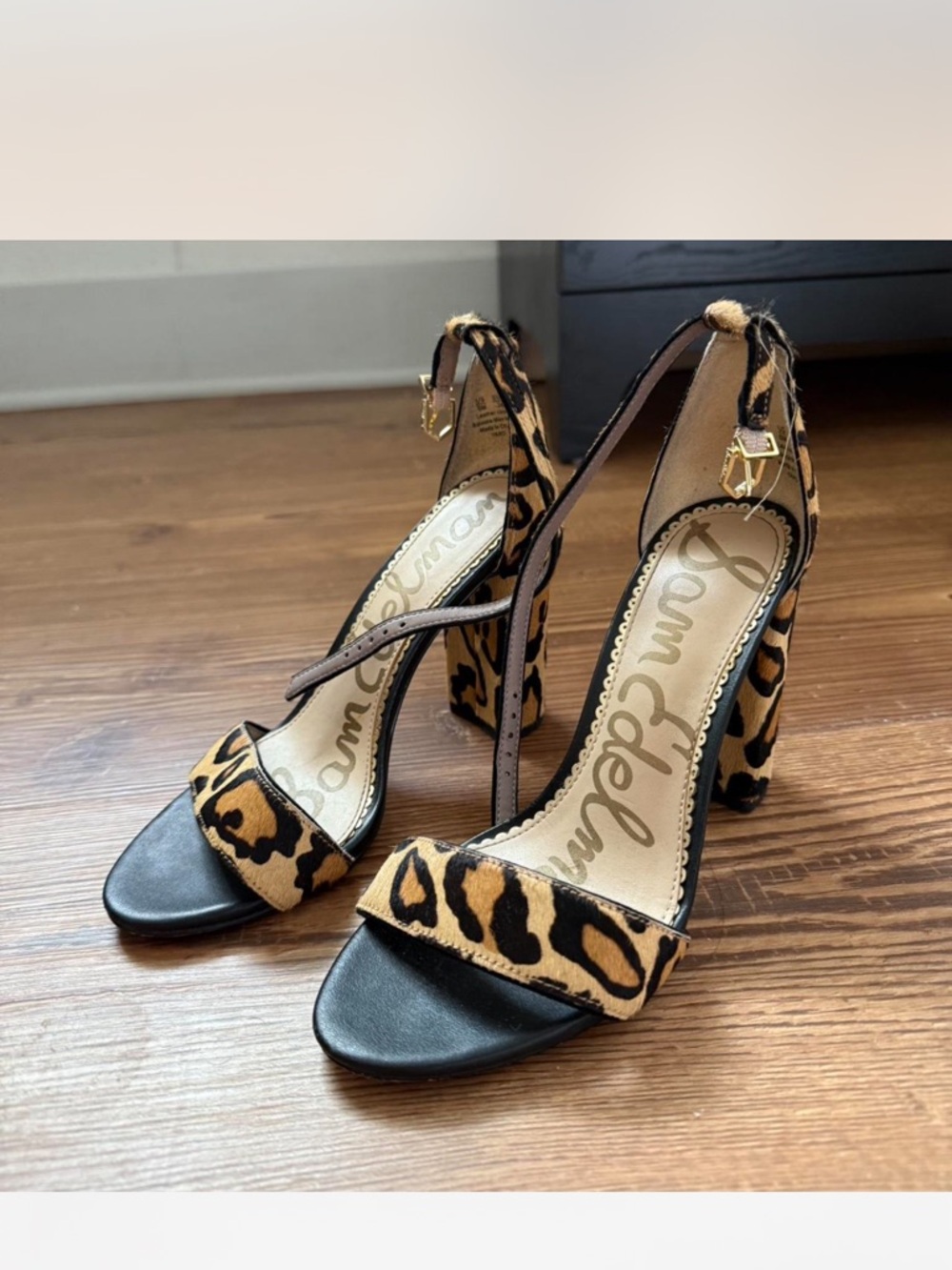 Sam Edelman Leopard Print Ankle-Strap Block Heels - Black & Tan